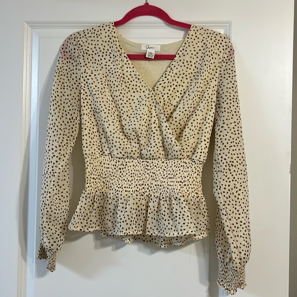 Japra Cream and Brown Polka Dot Long Sleeve Blouse Size Small